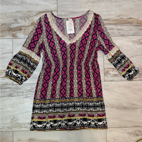 NWT R Rouje Boho Print Lace Trim Dress Size Large – Made in USA - Picture 1 of 8